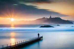 een Mens staat Aan een pier op zoek uit naar zee Bij zonsopkomst. ai-gegenereerd foto