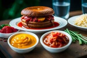 een Hamburger met saus en andere gerechten Aan een tafel. ai-gegenereerd foto