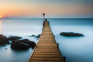 een houten pier strekt zich uit uit in de oceaan Bij zonsondergang. ai-gegenereerd foto