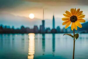 een zonnebloem is staand in voorkant van een stad horizon. ai-gegenereerd foto