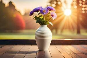 een vaas met Purper bloemen Aan een tafel in voorkant van een venster. ai-gegenereerd foto