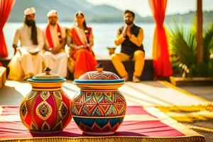 Indisch bruiloft ceremonie in meer udaipur. ai-gegenereerd foto