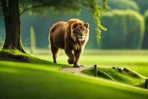 een leeuw wandelingen Aan een pad in een groen veld. ai-gegenereerd foto