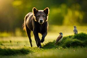 een bruin beer wandelen in de gras met vogels. ai-gegenereerd foto