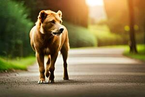 een bruin hond wandelen naar beneden een weg in de zon. ai-gegenereerd foto