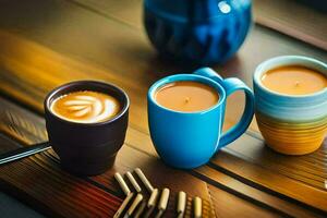 drie koffie cups met latte kunst Aan een houten tafel. ai-gegenereerd foto