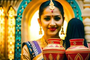 een vrouw in traditioneel Indisch kleding Holding twee potten. ai-gegenereerd foto