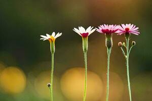 drie bloemen zijn staand in een rij. ai-gegenereerd foto