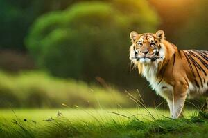 een tijger is staand in de gras. ai-gegenereerd foto