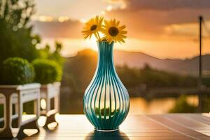 zonnebloemen in een vaas Aan een houten tafel. ai-gegenereerd foto