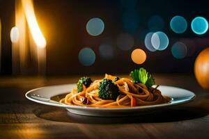 spaghetti met broccoli en wortels Aan een bord. ai-gegenereerd foto
