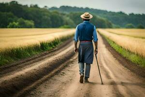 een Mens wandelen naar beneden een aarde weg met een riet. ai-gegenereerd foto