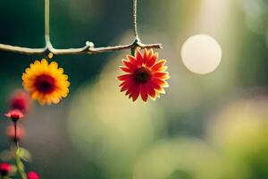 twee bloemen hangende van een Afdeling. ai-gegenereerd foto