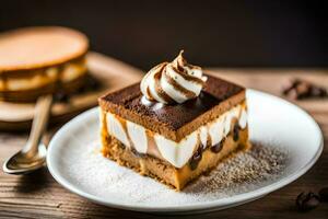 een stuk van chocola taart met geslagen room Aan top. ai-gegenereerd foto