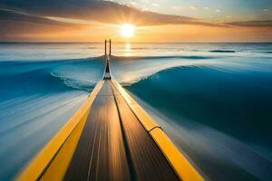 een lang blootstelling fotograaf van een surfboard in de oceaan. ai-gegenereerd foto