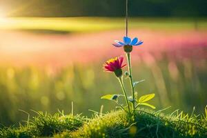 een bloem is groeit uit van de gras in voorkant van een zon. ai-gegenereerd foto