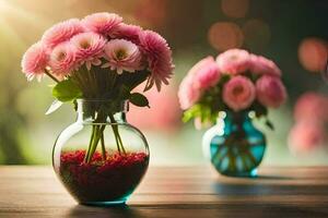 roze bloemen in vazen Aan een tafel. ai-gegenereerd foto