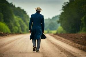 een Mens in een blauw pak en hoed wandelen naar beneden een aarde weg. ai-gegenereerd foto