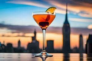 een cocktail met een zonsondergang visie van de stad. ai-gegenereerd foto