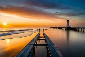 een vuurtoren Bij zonsondergang met een pier en een strand. ai-gegenereerd foto