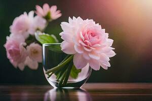 roze bloemen in een glas vaas Aan een tafel. ai-gegenereerd foto