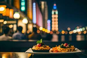 een bord van pasta en een fles van wijn Aan een tafel in voorkant van een stadsgezicht. ai-gegenereerd foto