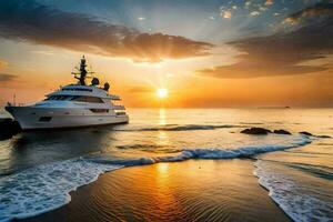 een jacht is aangemeerd Bij de strand gedurende zonsondergang. ai-gegenereerd foto