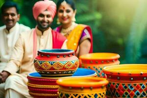Indisch bruiloft paar met kleurrijk potten. ai-gegenereerd foto