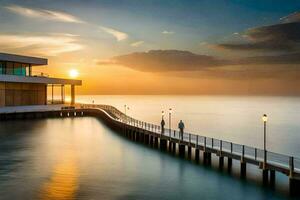 een pier met een gebouw en een zonsondergang over- de water. ai-gegenereerd foto