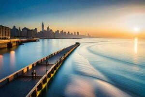 een lang blootstelling fotograaf van een pier in voorkant van een stad horizon. ai-gegenereerd foto