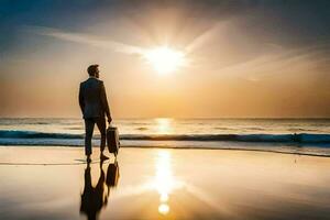 een Mens in een pak staand Aan de strand Bij zonsondergang. ai-gegenereerd foto