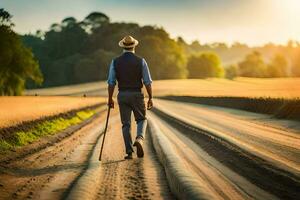 een Mens wandelen naar beneden een aarde weg met een riet. ai-gegenereerd foto