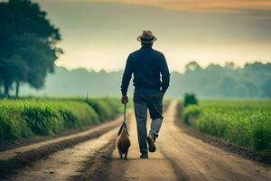 een Mens wandelen zijn hond naar beneden een aarde weg. ai-gegenereerd foto