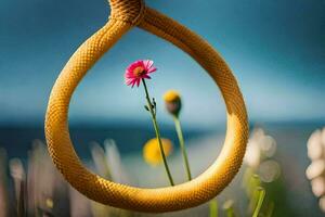 een bloem is hangende van een geel touw. ai-gegenereerd foto