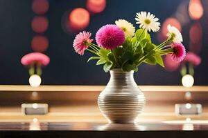 een vaas met roze en wit bloemen Aan een tafel. ai-gegenereerd foto