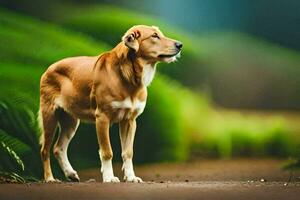 een bruin hond staand Aan een aarde weg. ai-gegenereerd foto