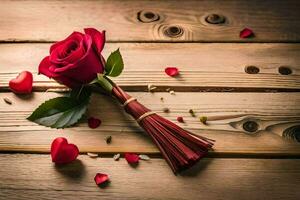 een single rood roos Aan een houten tafel. ai-gegenereerd foto