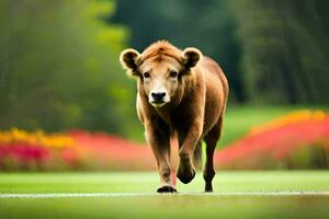 een bruin koe wandelen aan de overkant een groen veld. ai-gegenereerd foto