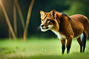 een bruin hond is staand in de gras. ai-gegenereerd foto