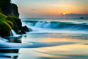 een mooi zonsondergang over- de oceaan met golven crashen in de oever. ai-gegenereerd foto