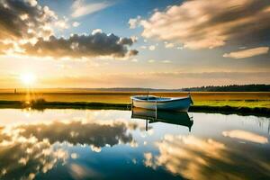 een boot is zittend Aan de water Bij zonsondergang. ai-gegenereerd foto