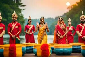 Indisch bruiloft ceremonie Bij de meer. ai-gegenereerd foto