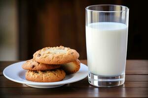 een glas van melk , koekjes Aan een bord. ai gegenereerd foto