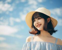 vrolijk Aziatisch meisje genieten van zomer ai generatief foto
