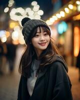 een vrolijk Koreaans meisje vervelend capuchon en breien hoed ai generatief foto