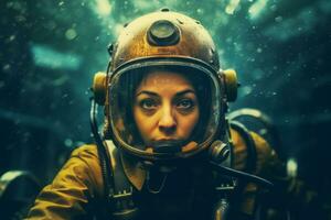 vrouw scuba duiken in de diep oceaan, verkennen een onderwater- schipbreuk en onthullend de zin van avontuur en verkenning. generatief ai foto
