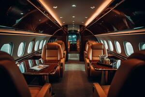 een privaat Jet interieur. luxe toerisme en bedrijf reizen vervoer concept. generatief ai foto