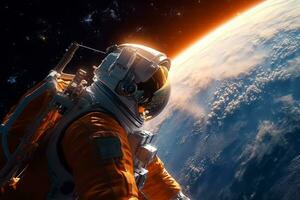 astronaut bewonderend de schoonheid van aarde terwijl drijvend in ruimte. generatief ai foto