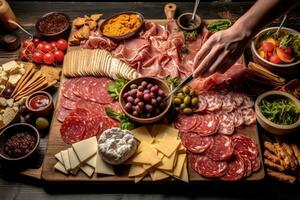 beeld vastleggen de werkwijze van in elkaar zetten een vleeswaren schotel, met de geschoold handen van een chef regelen van plakjes van salami en kaas naast complementair ingrediënten. generatief ai foto