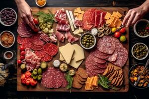 beeld vastleggen de werkwijze van in elkaar zetten een vleeswaren schotel, met de geschoold handen van een chef regelen van plakjes van salami en kaas naast complementair ingrediënten. generatief ai foto